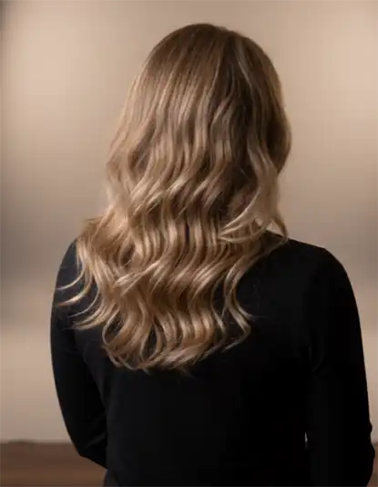 A person with long, wavy blonde hair wearing a black top, seen from behind against a neutral background.