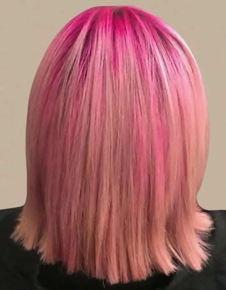 A person with straight, shoulder-length hair dyed pink at the top, fading to a lighter pink at the ends, viewed from behind.