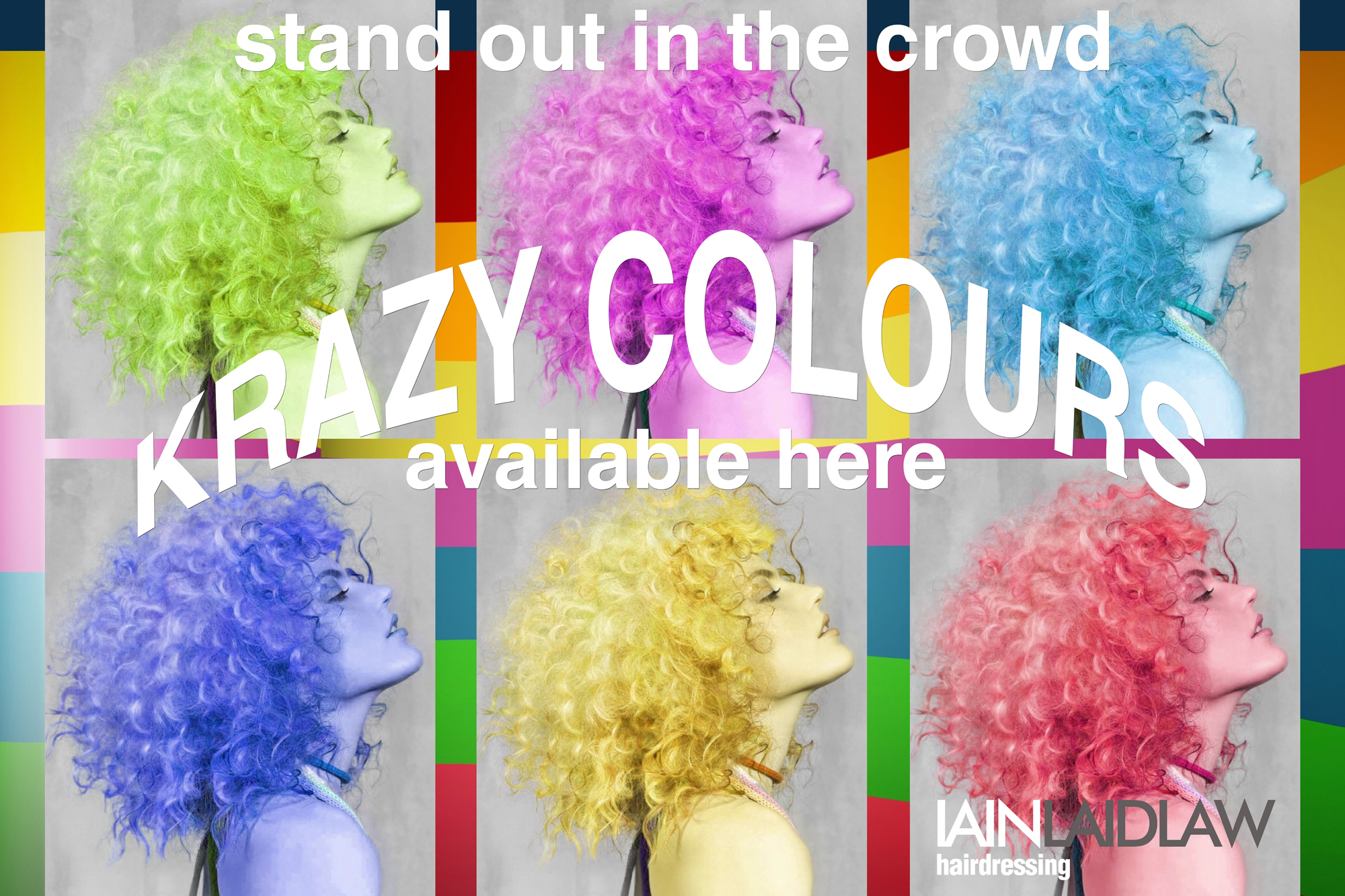 Collage of six profiles of a woman with curly hair in different bright colours, advertising KRAZY COLOURS